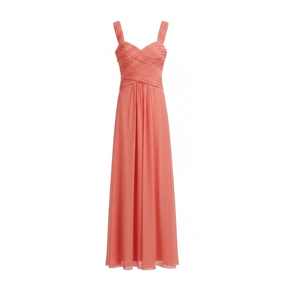 Monique Lhuillier Coral Pink Chiffon Ruched Flowy Bridesmaid Maxi Dress